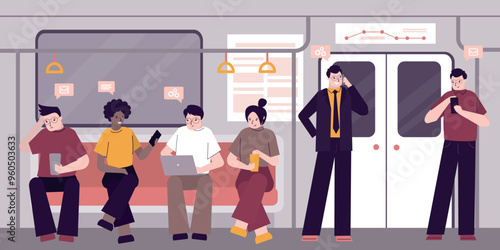 Group of multiethnic people in subway train. Characters inside metro carriage uses mobile phones. Underground car. Various passengers use public municipal transport, MRT, railway.