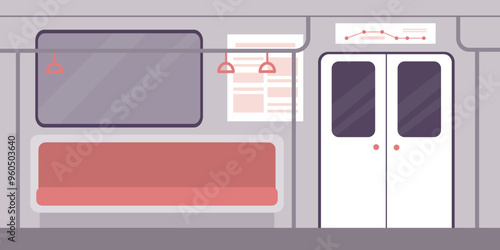 Empty subway train. Inside metro carriage. Underground car. Public municipal transport, MRT, tube with bench seats, handrails, doors, windows. Railway,