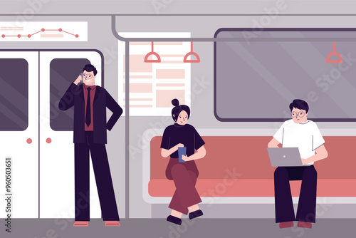 Group of people in subway train. Inside metro carriage. Underground car. Various passengers uses public municipal transport, MRT. Railway, metropolitan railroad urban transportation.
