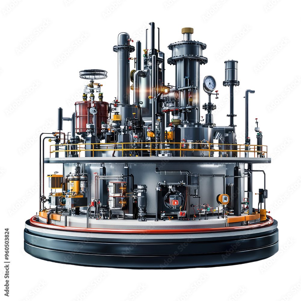 A Futuristic Industrial Complex: A 3D Model of a Modern Manufacturing Facility with Intricate Piping, Valves, and Gauges. A Futuristic Industrial Complex: A 3D Model of a Modern Manufacturing Facility with Intricate Piping, Valves, and Gauges.