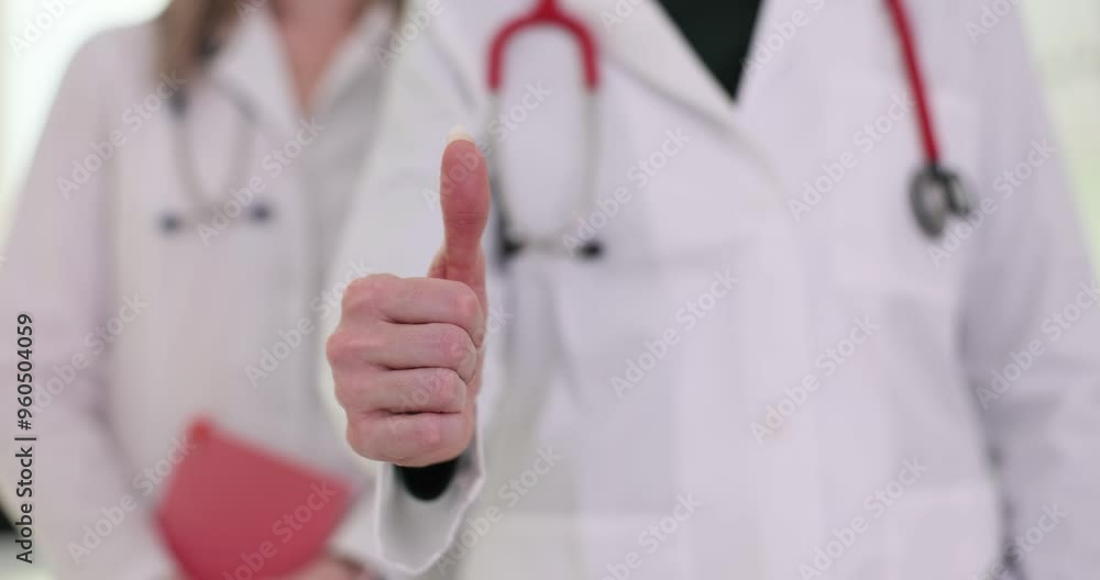 Doctors shows thumbs-up as sign of mutual encouragement. Women means positive outlook as celebrating successful achievements and outcomes Doctors shows thumbs-up as sign of mutual encouragement. Women means positive outlook as celebrating successful achievements and outcomes