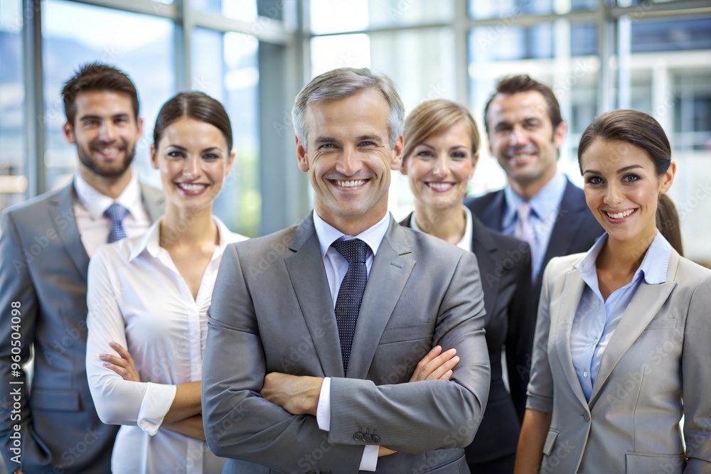 Confident business team in office setting radiating success Confident business team in office setting radiating success