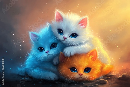 Three Adorable Kittens with Blue Eyes Huddled Together photo