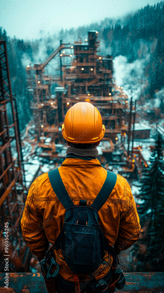 Man with a hard hat in the foreground with his back facing the camera, industrial plant. Man with a hard hat in the foreground with his back facing the camera, industrial plant.