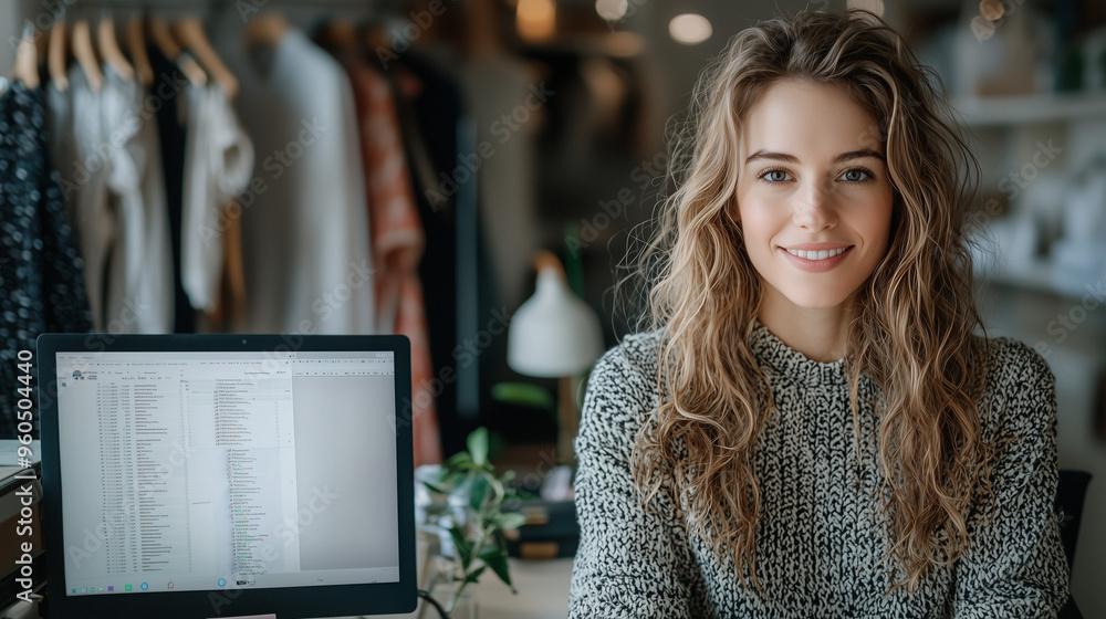 Smiling Woman Working at Desk in Fashion Office Smiling Woman Working at Desk in Fashion Office