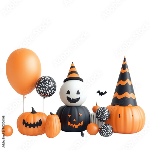 A festive Halloween scene featuring orange and black balloons, pumpkins, and cheerful decorations for spooky celebrations.