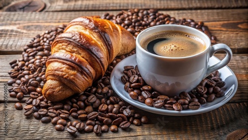 Fresh croissant with coffee cup and roasted beans on rustic table, perfect for breakfast and cafe themes photo