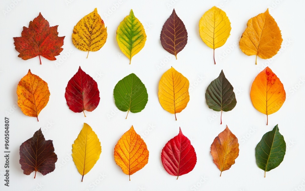 A collection of colorful autumn leaves arranged neatly on a white background A collection of colorful autumn leaves arranged neatly on a white background