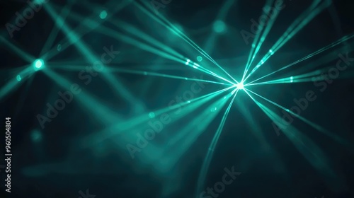 Vibrant teal light rays and particles create a mesmerizing abstract background, perfect for technology and design projects.