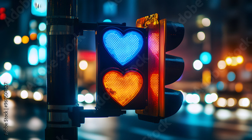 “A Traffic Light with Heart-Shaped Lights Symbolizing Love and Care, Creating a Unique and Heartwarming Visual Representation of Positive Emotions and Romantic Feelings in a Urban Setting” 