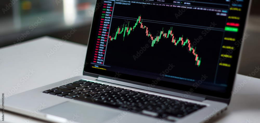 A desk with an open laptop showing a financial dashboard with real-time stock updates A desk with an open laptop showing a financial dashboard with real-time stock updates
