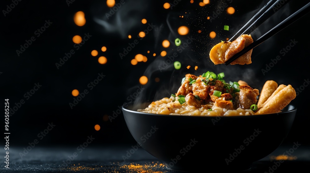 A bowl of congee with century egg and pork, garnished with fresh ginger and green onions, served with a side of fried dough sticks A bowl of congee with century egg and pork, garnished with fresh ginger and green onions, served with a side of fried dough sticks