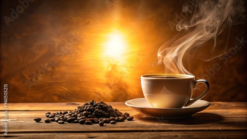 Steaming cup of coffee with roasted beans on a rustic wooden table, bathed in warm golden light.