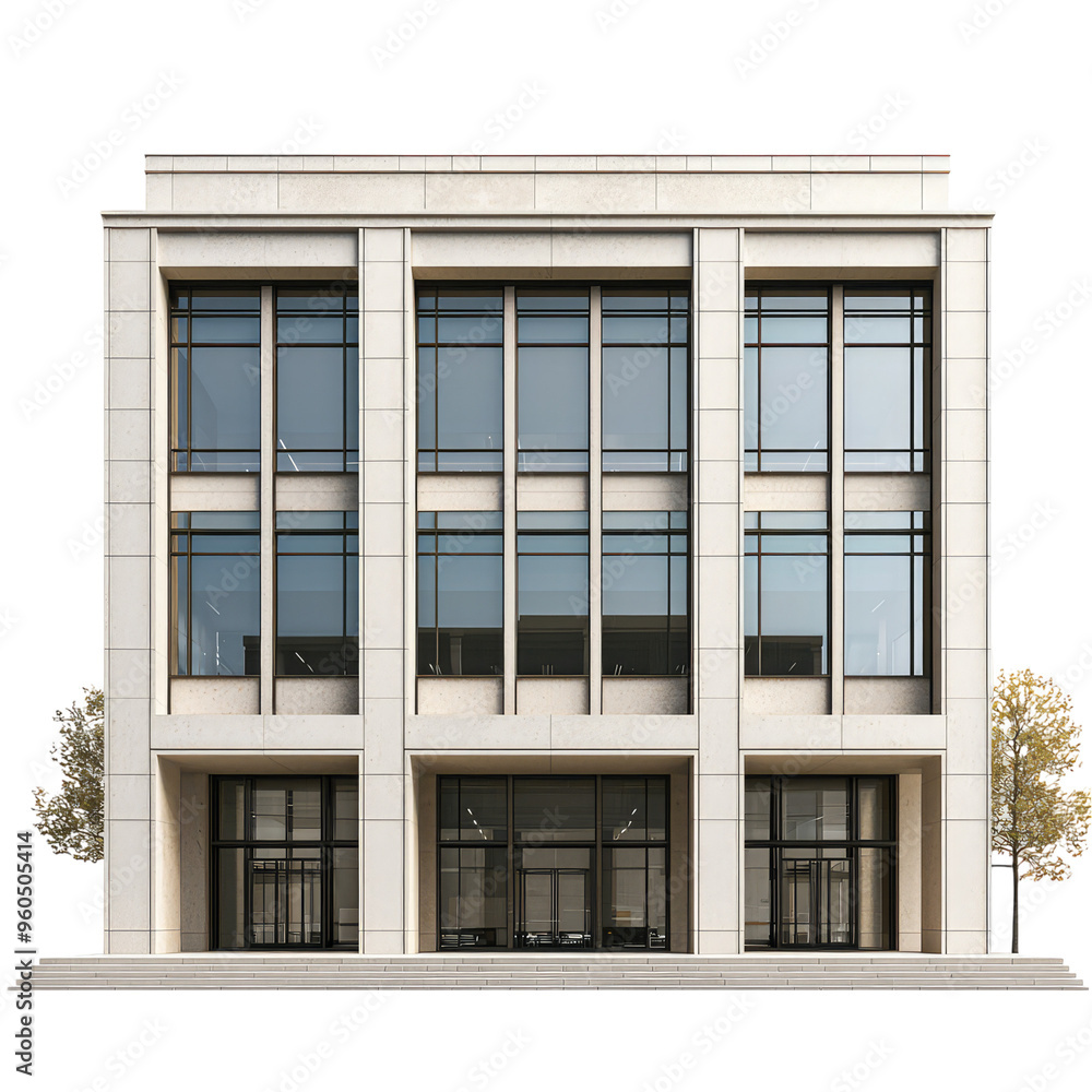 Fototapeta premium A Sleek Modern Office Building with Large Windows and Minimalist Design. The Stone Facade and Glass Panels Create a Striking Contrast.