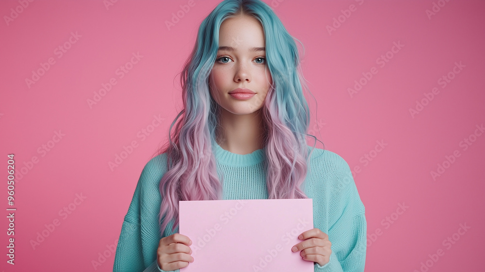 Young Woman with Blue and Pink Hair Holding Blank Paper Young Woman with Blue and Pink Hair Holding Blank Paper