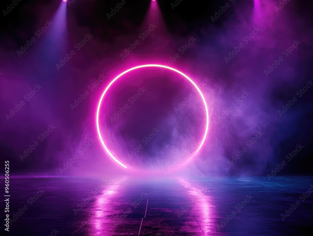 Obraz premium Vibrant neon circle surrounded by mist, illuminated by colorful lighting in a dark space, perfect for creative backgrounds.