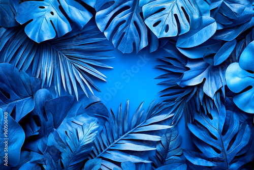 Blue tropical leaves and foliage on blue background with copy space.