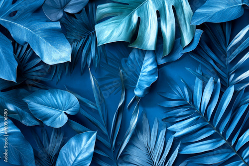 Blue tropical leaves and foliage on blue background. photo