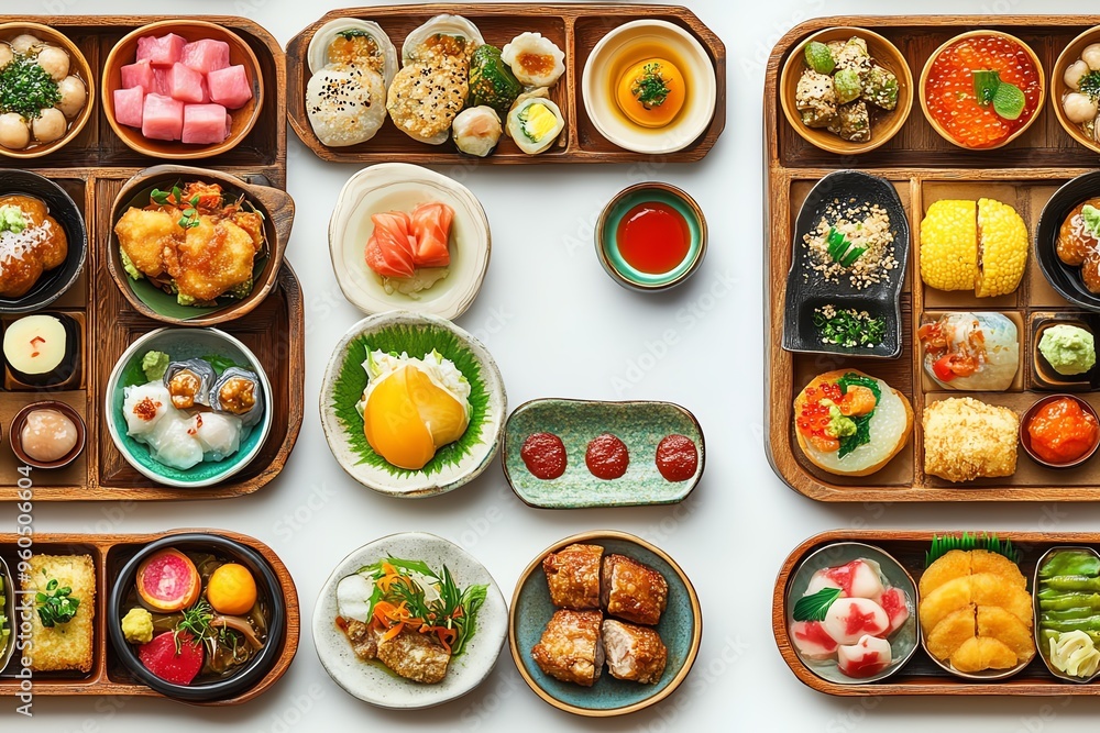 Top view of a variety of traditional Japanese dishes arranged in artful bento boxes, showcasing sushi, sashimi, tempura, and colorful side dishes. Top view of a variety of traditional Japanese dishes arranged in artful bento boxes, showcasing sushi, sashimi, tempura, and colorful side dishes.