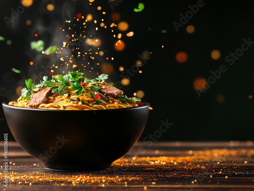 A bowl of Lanzhoustyle handpulled noodles with clear broth, tender beef slices, and fresh cilantro, served on a rustic wooden table photo