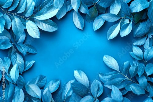 Blue tropical leaves and foliage on blue background with copy space.