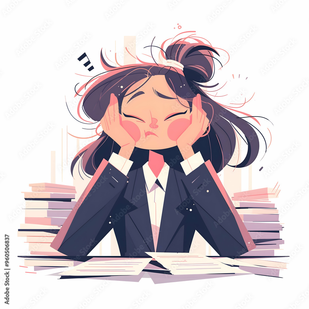 An illustration of a young woman in a business suit with her head in her hands, surrounded by papers. An illustration of a young woman in a business suit with her head in her hands, surrounded by papers.