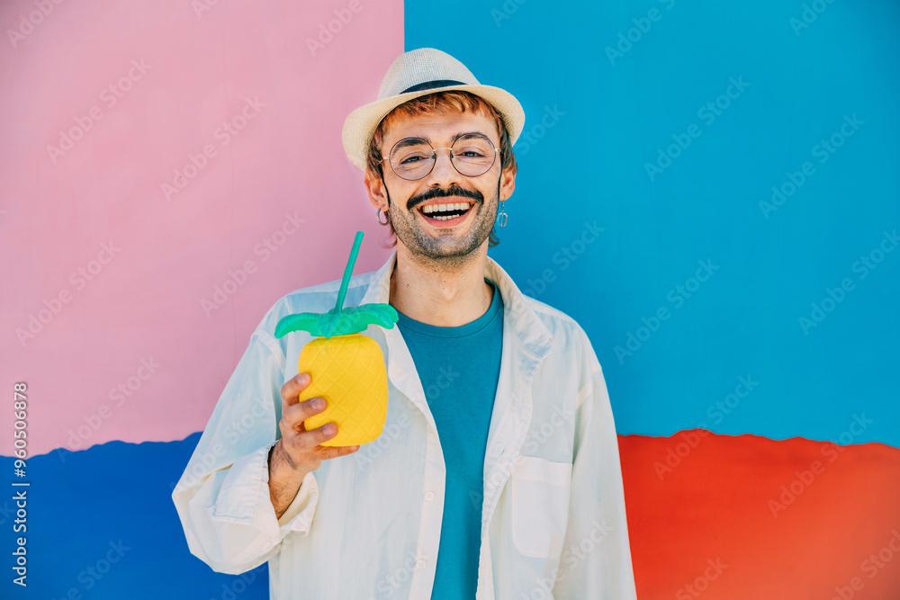 Joyful man with colorful drink against vibrant backdrop Joyful man with colorful drink against vibrant backdrop