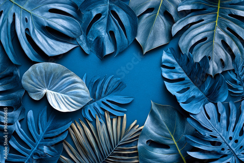 Blue tropical leaves and foliage on blue background with copy space.