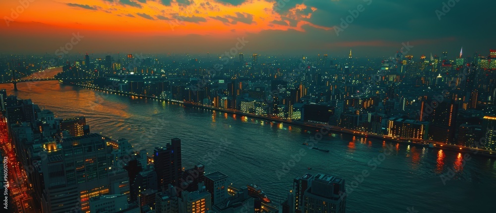 Fototapeta premium Nighttime Cityscape in High Definition - Stunning Aerial View of Metropolis Illuminated in