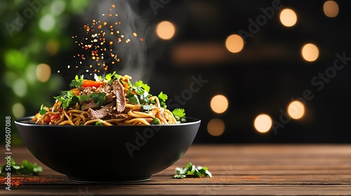 A bowl of Lanzhoustyle handpulled noodles with clear broth, tender beef slices, and fresh cilantro, served on a rustic wooden table photo