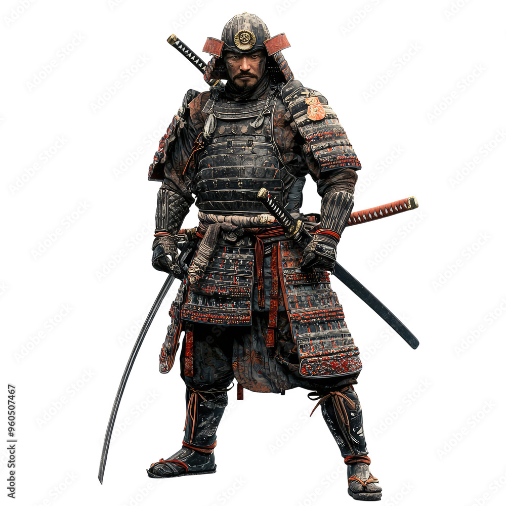 Obraz premium A stoic Samurai warrior, clad in intricate armor, stands ready with his katana, his gaze unwavering. The background is a muted blue, creating an atmosphere of calm determination.