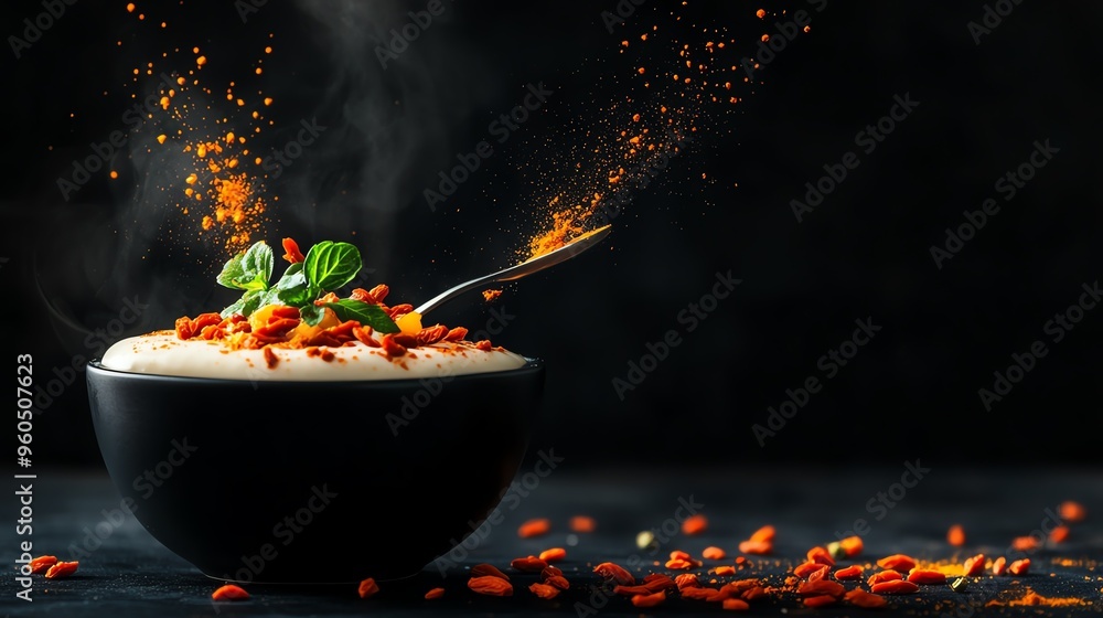 A bowl of silky tofu pudding with ginger syrup, garnished with goji berries and served with a spoon A bowl of silky tofu pudding with ginger syrup, garnished with goji berries and served with a spoon