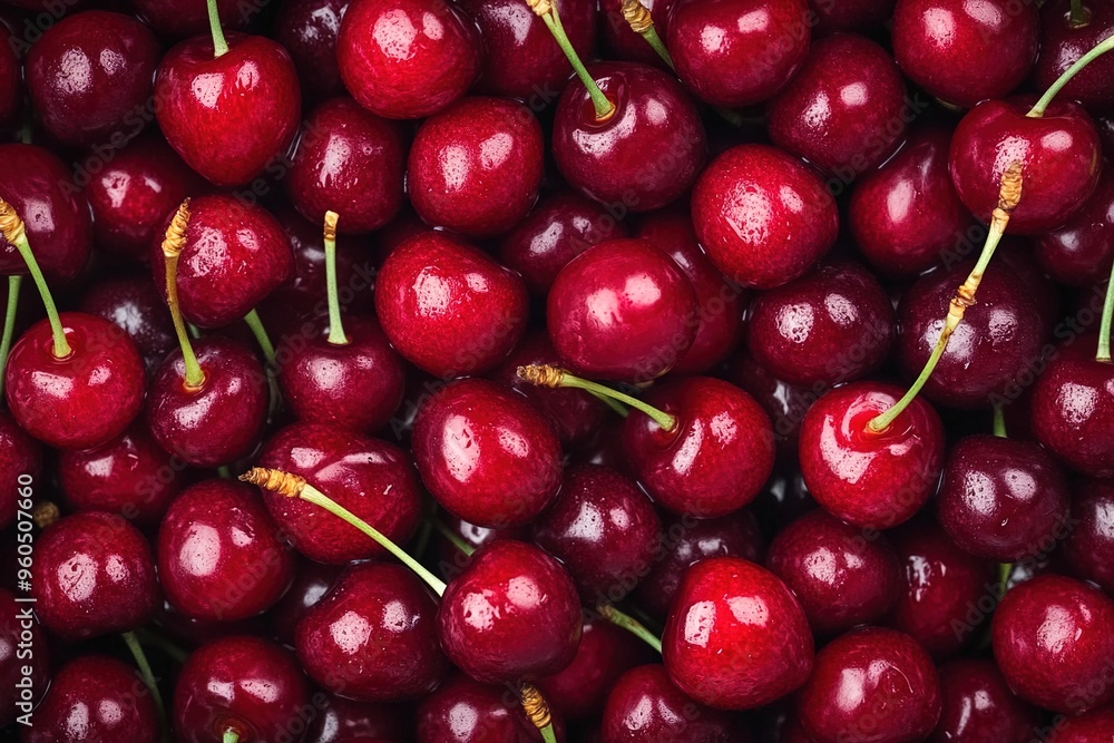 A top view of fresh cherries, a pile full of juicy red cherries, a background filled with vibrant and bright cherry fruits A top view of fresh cherries, a pile full of juicy red cherries, a background filled with vibrant and bright cherry fruits