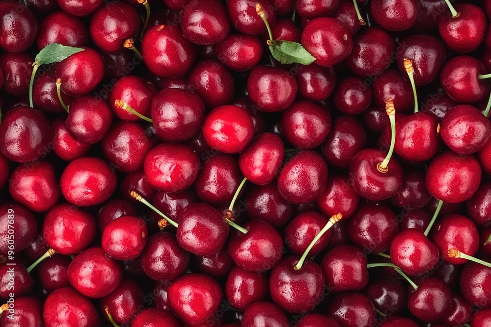 A top view of fresh cherries, a pile full of juicy red cherries, a background filled with vibrant and bright cherry fruits A top view of fresh cherries, a pile full of juicy red cherries, a background filled with vibrant and bright cherry fruits