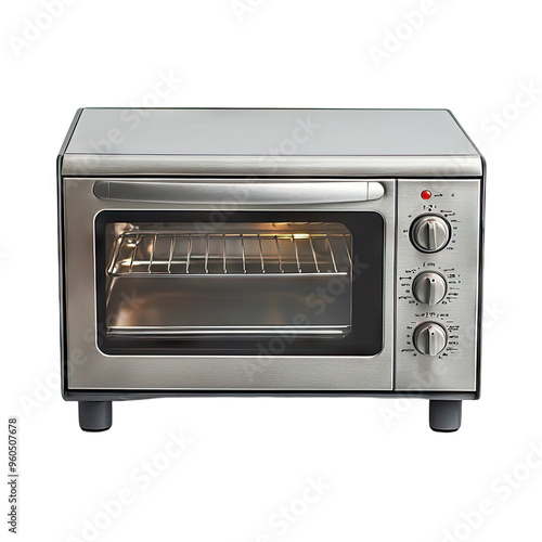 A sleek, silver toaster oven with a glowing interior, ready to bake your culinary creations.