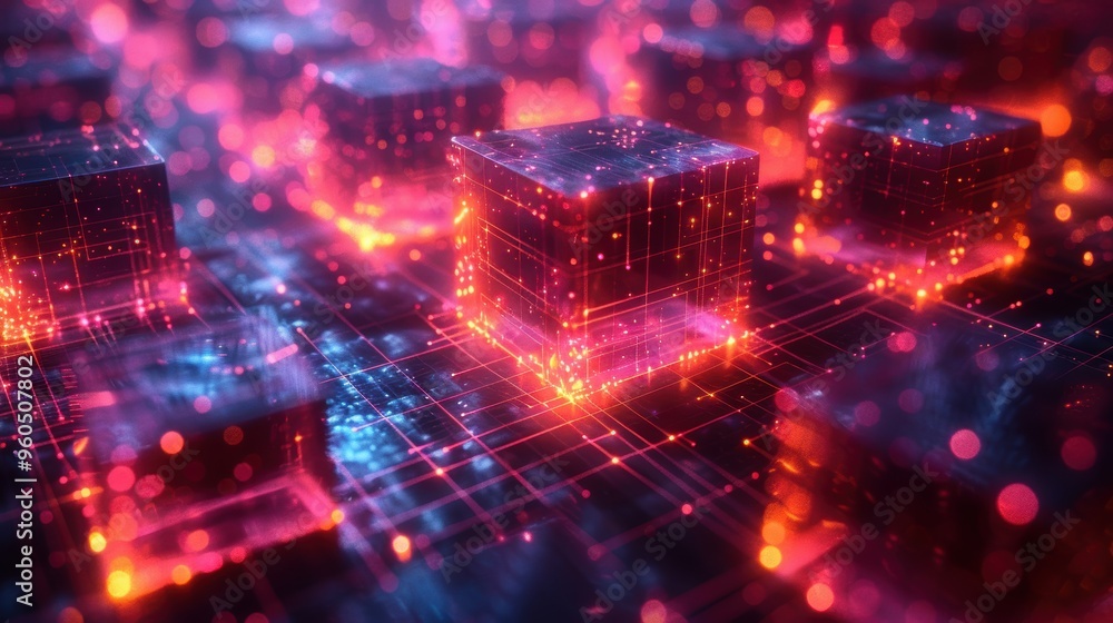 Abstract LED lights and digital signals, showcasing a vibrant grid of cubes and quantum computing elements. Abstract LED lights and digital signals, showcasing a vibrant grid of cubes and quantum computing elements.