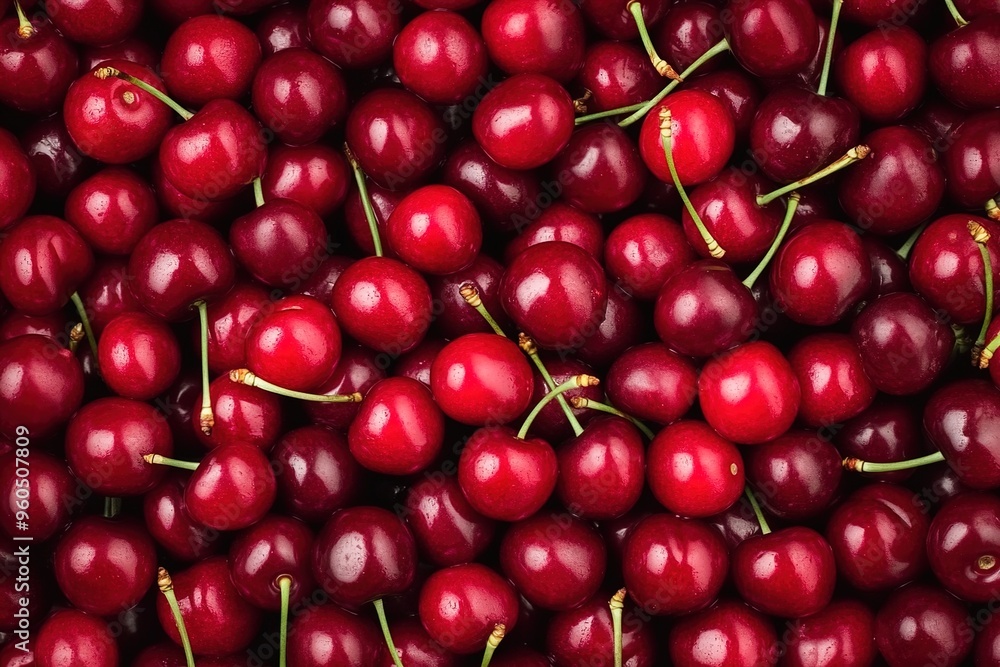 A top view of fresh cherries, a pile full of juicy red cherries, a background filled with vibrant and bright cherry fruits A top view of fresh cherries, a pile full of juicy red cherries, a background filled with vibrant and bright cherry fruits