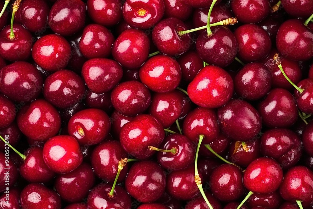 A top view of fresh cherries, a pile full of juicy red cherries, a background filled with vibrant and bright cherry fruits A top view of fresh cherries, a pile full of juicy red cherries, a background filled with vibrant and bright cherry fruits