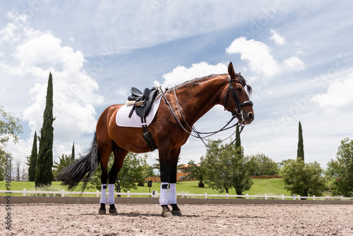 Horse equipped for riding at equestrian center photo