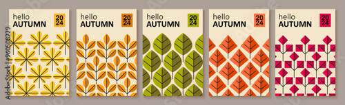 Abstract autumn art. Bright warm colors, fall leaves, trees, geometric retro pattern. Frame, background for text. Modern autumn poster, web banner, flyer vector design.