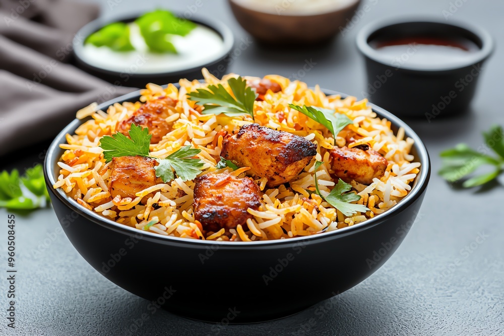 A delicious bowl of biryani filled with marinated chicken, fragrant rice, and fresh herbs, perfect for capturing culinary delight. A delicious bowl of biryani filled with marinated chicken, fragrant rice, and fresh herbs, perfect for capturing culinary delight.