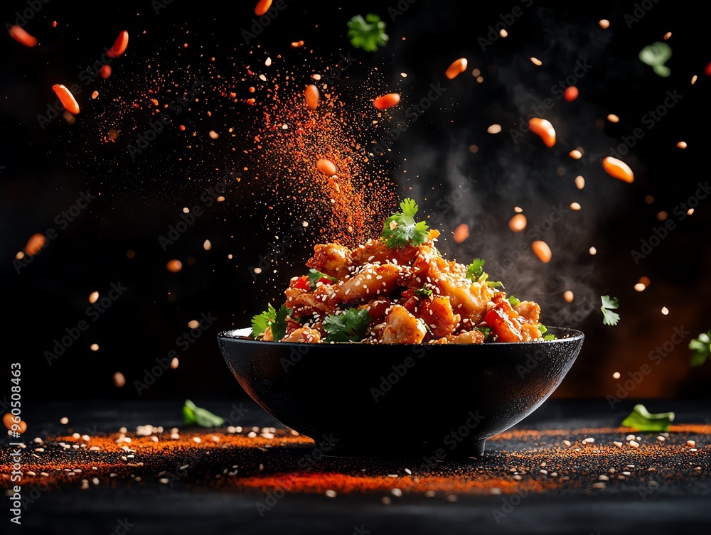 A bowl of spicy Hunanstyle fried chicken, coated in a rich chili sauce, garnished with fresh cilantro and sesame seeds A bowl of spicy Hunanstyle fried chicken, coated in a rich chili sauce, garnished with fresh cilantro and sesame seeds