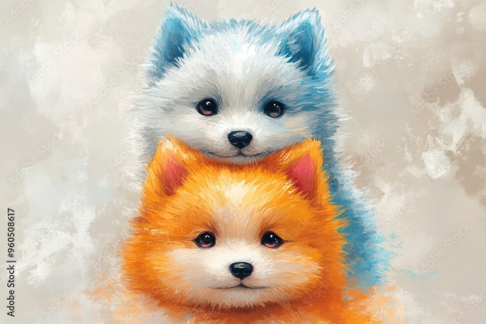 A Blue and Orange Puppy Stacked on Top of Each Other A Blue and Orange Puppy Stacked on Top of Each Other