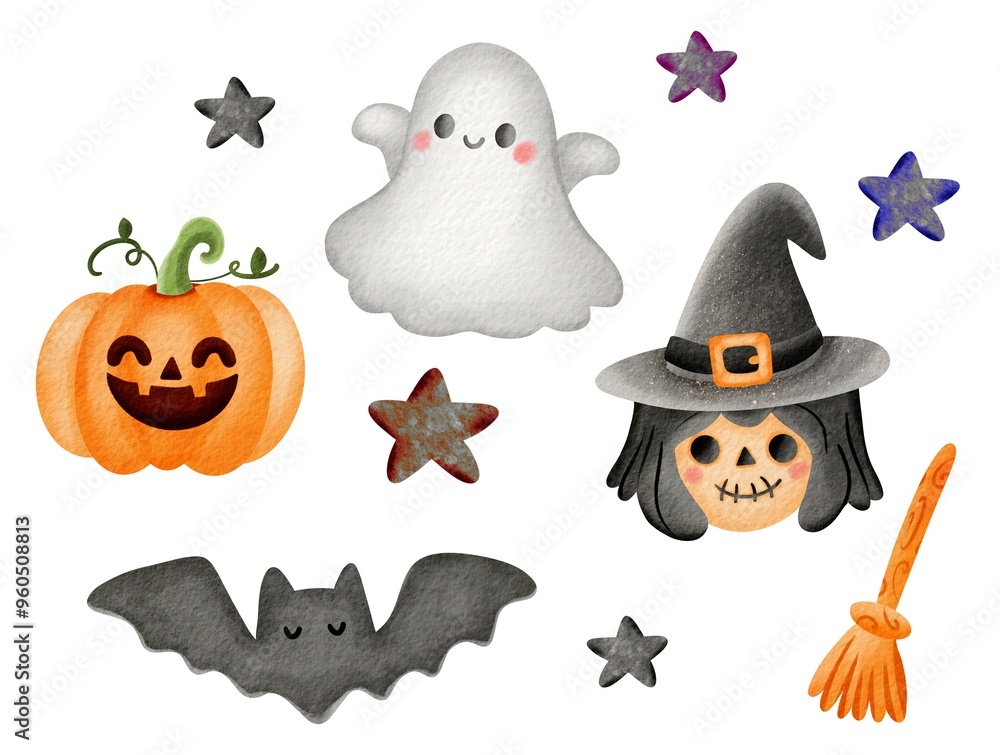 Fototapeta premium Watercolor Halloween set of pumpkin, witch, bat and ghost