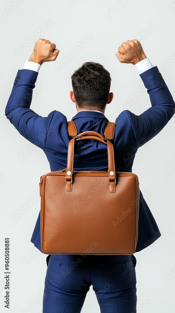 A confident business professional raises arms in victory, wearing a stylish suit and holding a brown leather bag. A confident business professional raises arms in victory, wearing a stylish suit and holding a brown leather bag.