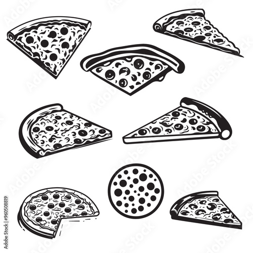 set of pizza vector silhouette, outline on white background