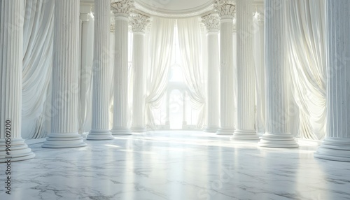 White Marble Floor with Columns and Draped Curtains in a Grand Hall