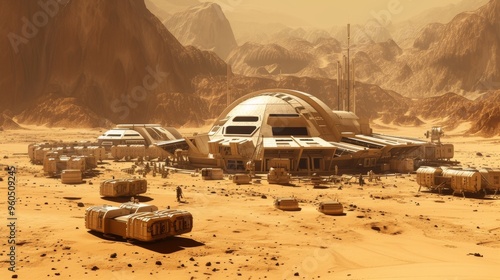 A detailed 3D rendering of a Mars colony base featuring futuristic architecture. The colony is set in a vast, arid desert landscape with rugged mountains in the background, illustrating a vision of