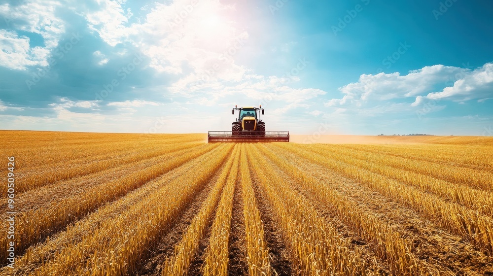 A vibrant tractor works diligently across a vast field of golden wheat. Bright blue skies and fluffy clouds enhance the beauty of this late afternoon countryside landscape A vibrant tractor works diligently across a vast field of golden wheat. Bright blue skies and fluffy clouds enhance the beauty of this late afternoon countryside landscape