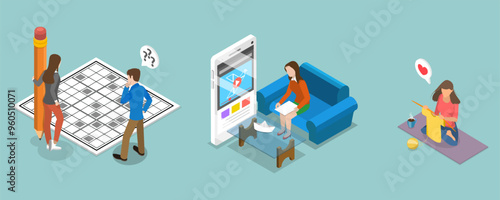 3D Isometric Flat Vector Illustration of Stay at Home Games, Learning and Leisure